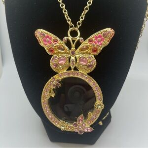 Butterfly Pendant magnifying glass Necklace with Pink and Gold Accents